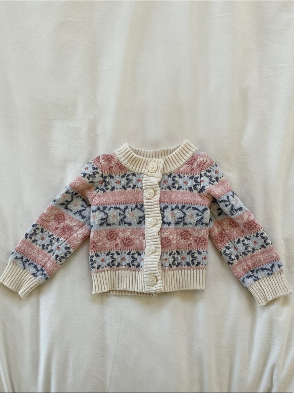 Janie and Jack Cream, Pink & Navy Patterned Knit Cardigan